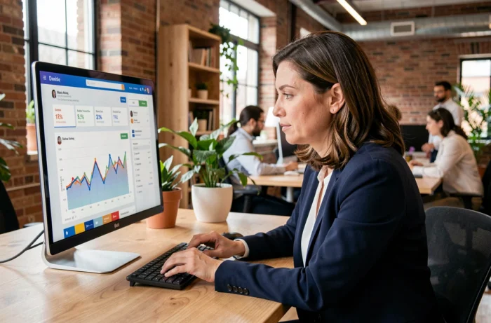 Femme professionnelle analysant des données de communication digitale sur un écran dans un bureau moderne