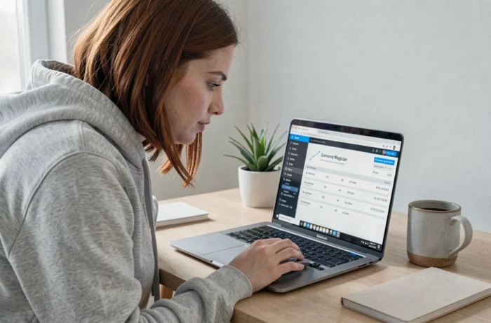 Femme analysant les résultats de benchmark Samsung Magician sur un laptop dans un espace de travail minimaliste