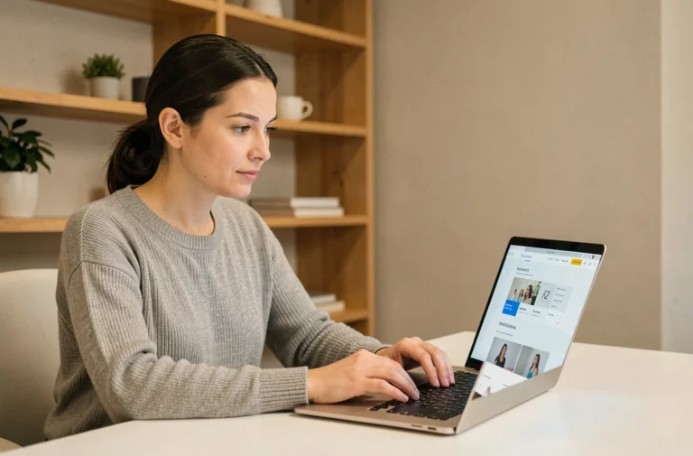 Femme concentrée utilisant un site web innovant sur son ordinateur portable dans un bureau minimaliste à domicile