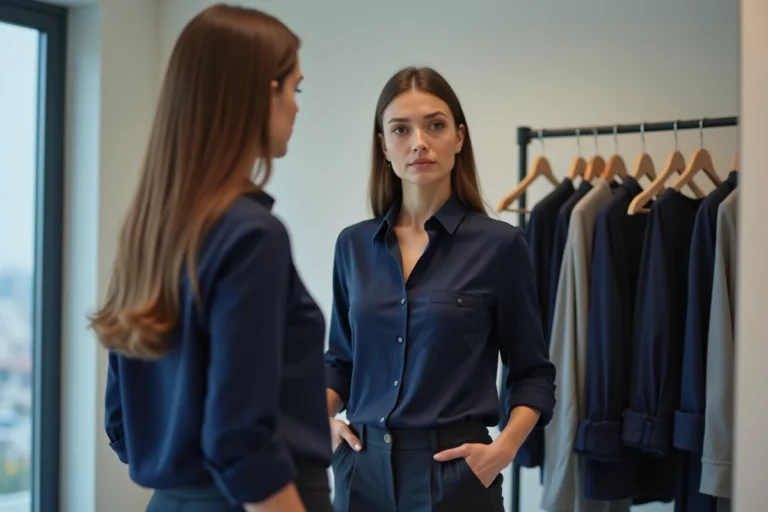 Femme en cabine d'essayage évaluant l'ajustement d'un haut taille M devant un miroir en pied