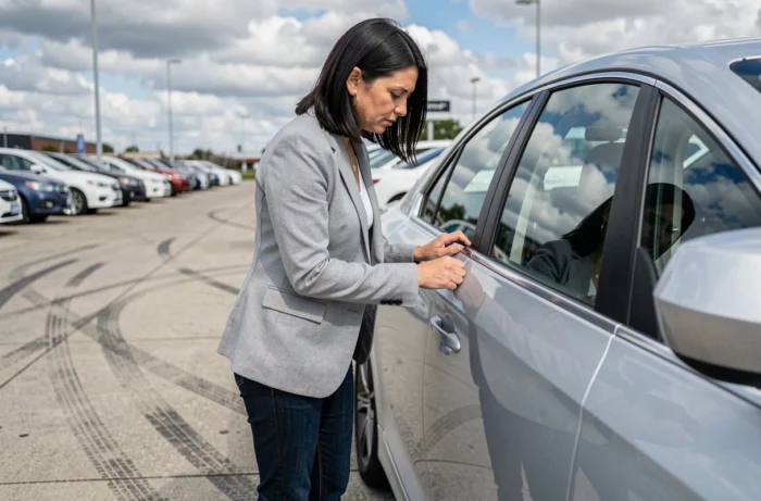 Femme examinant attentivement une voiture dans un parc automobile pour bien choisir son véhicule