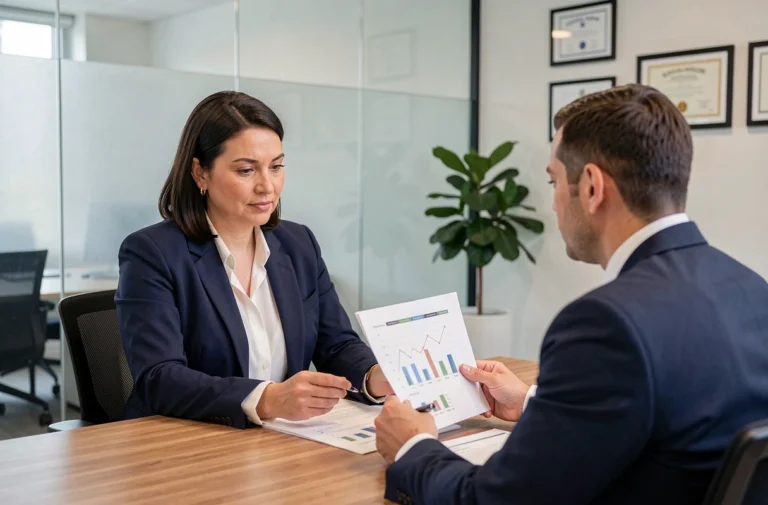 Une femme professionnelle discutant de stratégies bancaires avec un conseiller financier dans un bureau moderne et élégant