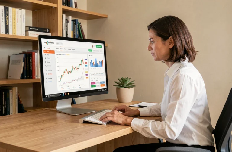 Femme professionnelle consultant un site de finances personnelles sur son ordinateur dans un bureau à domicile moderne