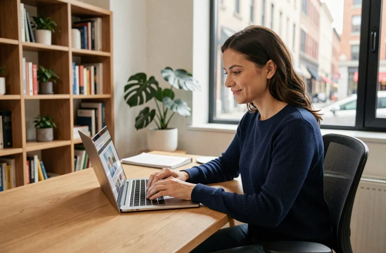 Femme consultant les dernières actualités du site Equivok sur un ordinateur portable dans un bureau moderne