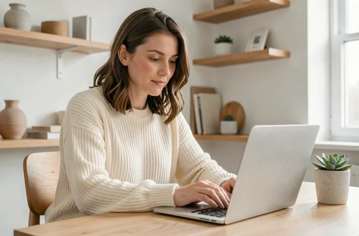 Femme contactant un site de décoration en ligne depuis son bureau à domicile scandinave