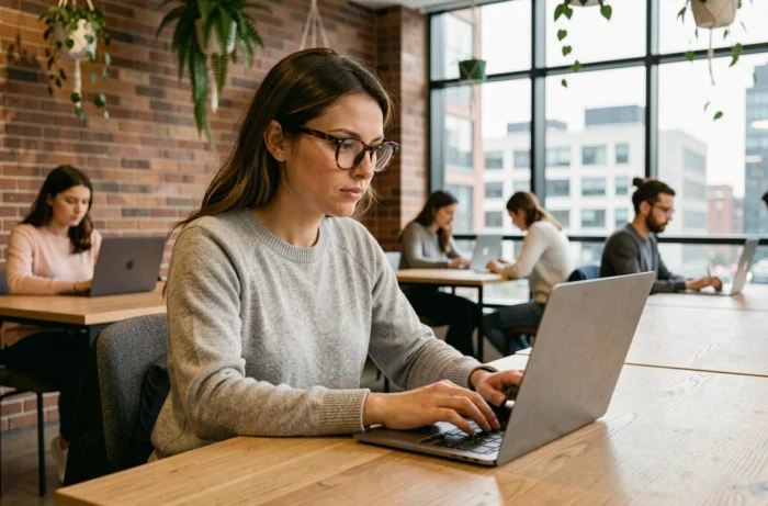 Femme concentrée travaillant sur un ordinateur portable dans un espace de coworking moderne avec mur en briques et plantes suspendues