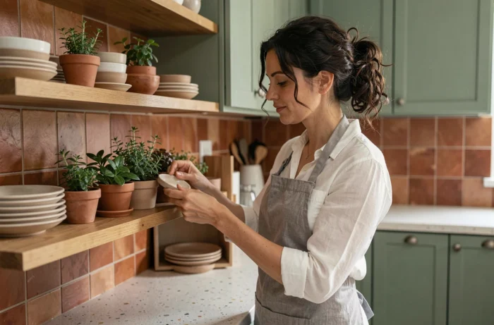 Femme arrangeant de la vaisselle artisanale dans une cuisine moderne aux teintes sauge et terrazzo, inspiration décoration maison pratique et stylée