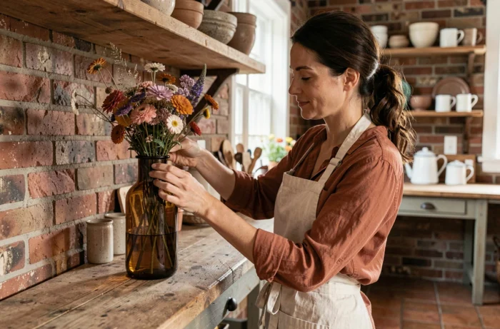 Femme arrangeant des fleurs séchées dans une cuisine rustique en pierre avec étagères ouvertes et vaisselle en grès pour une décoration maison authentique