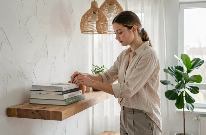 Jeune femme arrangeant des objets décoratifs sur une étagère en bois dans un appartement de style scandinave épuré