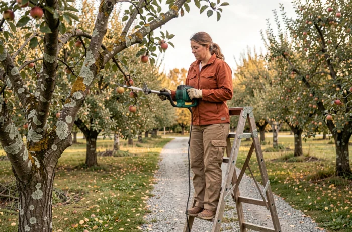 Femme sur un escabeau utilisant une élagueuse électrique pour couper une branche dans un verger en automne