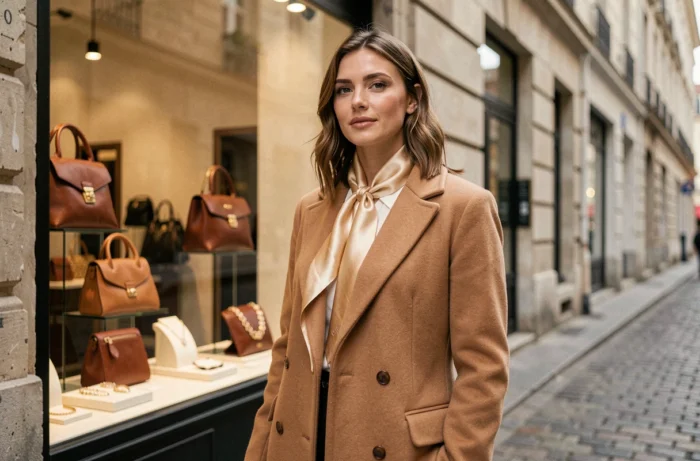 Femme élégante portant un manteau camel et un foulard en soie devant une boutique d'accessoires parisienne