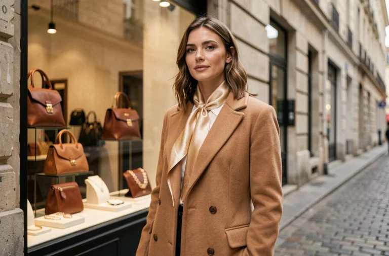 Femme élégante portant un manteau camel et un foulard en soie devant une boutique d'accessoires parisienne