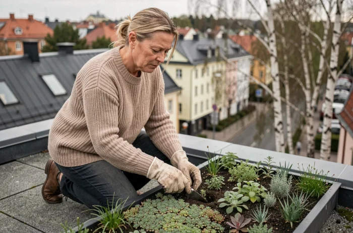 Femme norvégienne plantant des végétaux sur un toit vert urbain à Oslo avec vue sur les toits de la ville