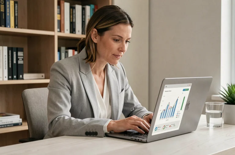 Femme consultant des graphiques d'épargne et d'investissement en bourse sur un ordinateur portable dans un bureau à domicile moderne