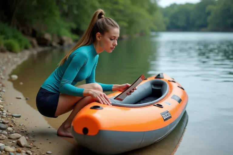 Femme s'apprêtant à monter dans un kayak gonflable orange sur une berge de rivière, consultant une fiche de sécurité avant de s'installer dans l'embarcation