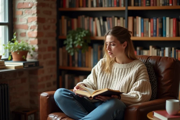 Femme lisant un livre dans une bibliothèque personnelle chaleureuse entourée d'étagères remplies de livres