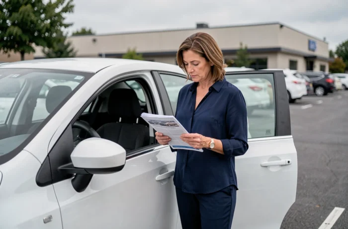 Femme consultant le manuel du conducteur de sa Citroën C3 pour désactiver le mode économie dans un parking