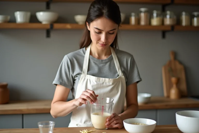 Femme mesurant des ingrédients dans un verre gradué pour convertir les grammes en litres dans une cuisine en bois