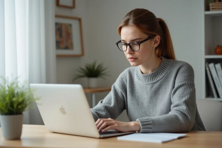 Femme adulte naviguant prudemment sur internet depuis son bureau à domicile avec un laptop