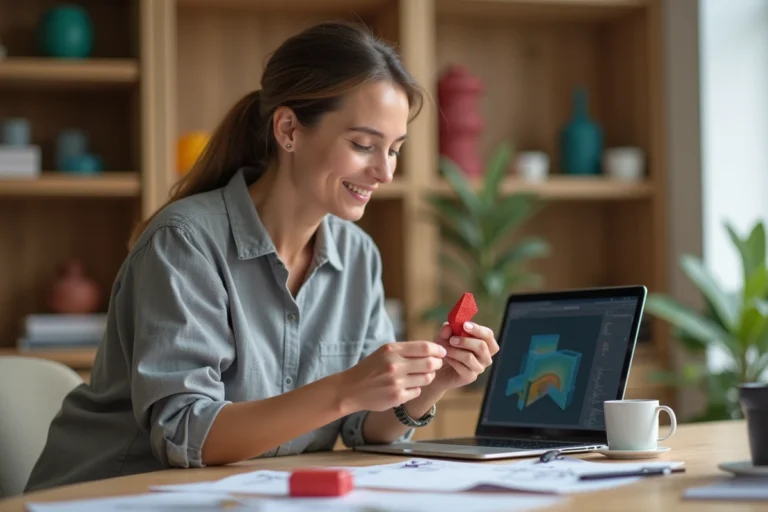 Femme examinant un objet personnalisé imprimé en 3D dans un atelier de création à domicile