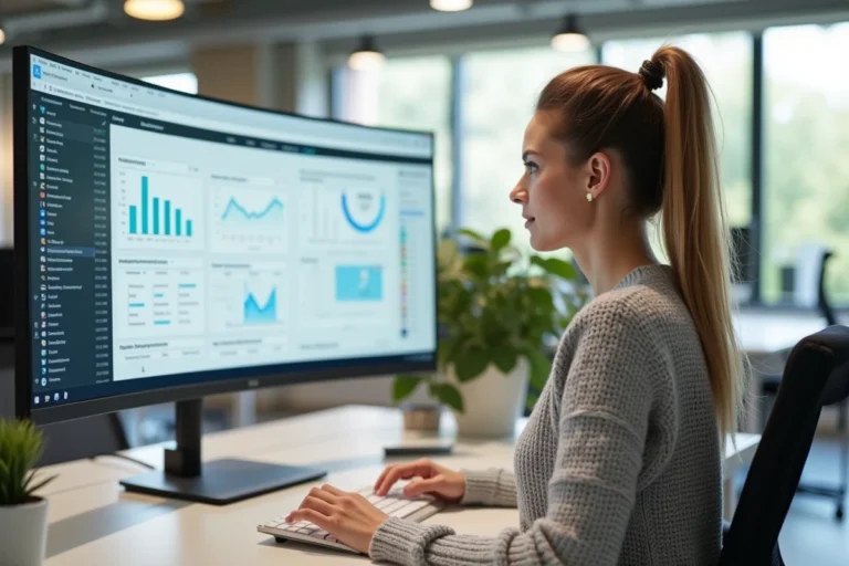 Femme professionnelle travaillant sur un écran ultrawide avec des outils bureautiques organisés dans un bureau moderne