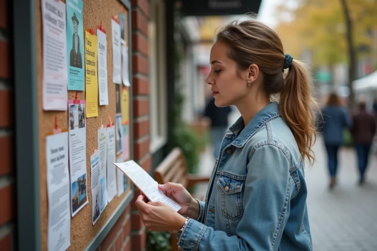 Femme lisant un panneau d'affichage communautaire avec des annonces d'événements locaux dans un quartier urbain