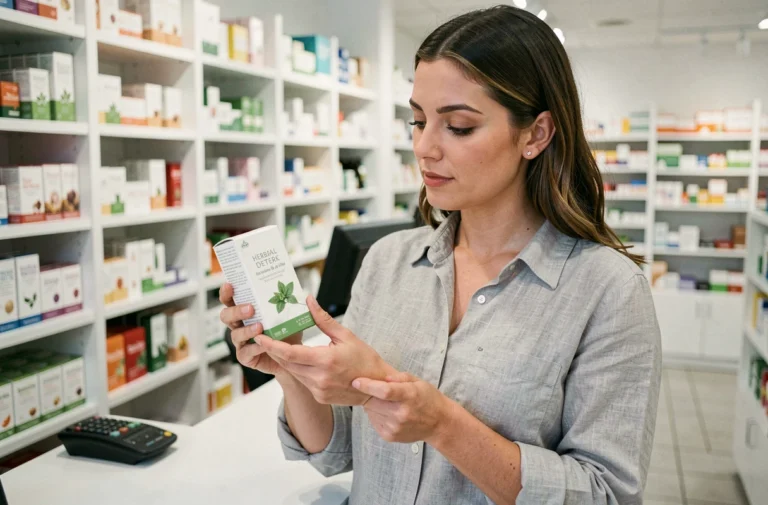 Femme en pharmacie tenant une boîte de thé détox Lulutox et lisant les indications sur l'emballage