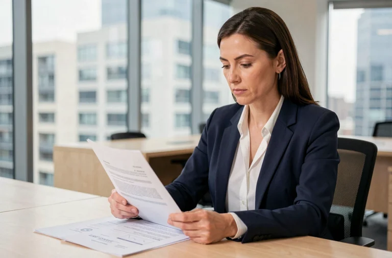 Femme professionnelle examinant un contrat A500 dans un bureau moderne et lumineux