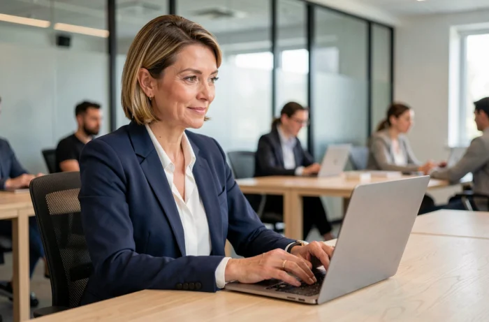 Femme professionnelle rédigeant un email de courtoisie professionnelle dans un bureau moderne