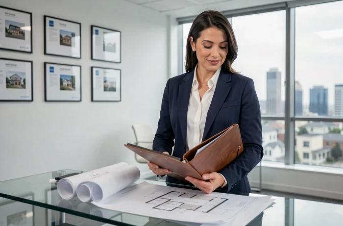 Femme professionnelle de l'immobilier examinant des plans architecturaux dans une agence immobilière moderne avec vue sur la ville