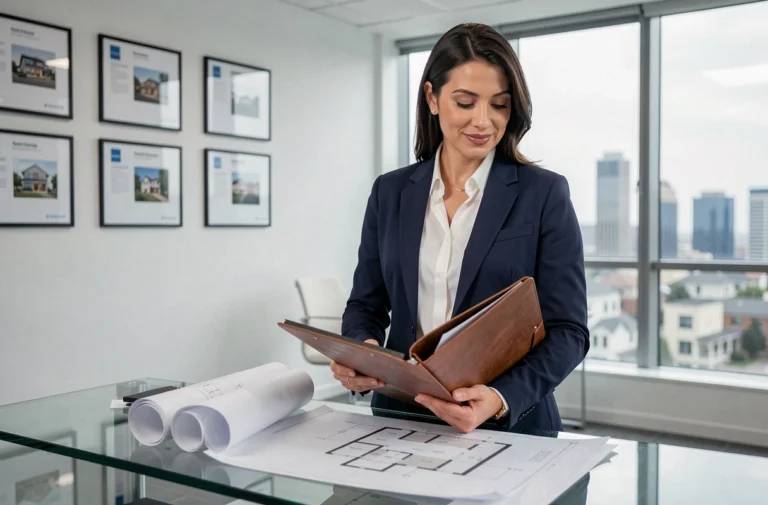 Femme professionnelle de l'immobilier examinant des plans architecturaux dans une agence immobilière moderne avec vue sur la ville