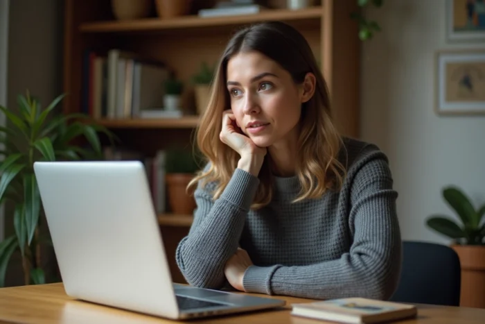 Femme réagissant au changement de nom de la plateforme Zakmav sur son ordinateur portable