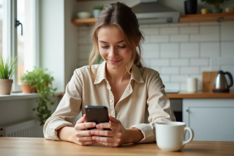 Femme effectuant une recharge Réglo Mobile en ligne depuis son smartphone dans une cuisine moderne
