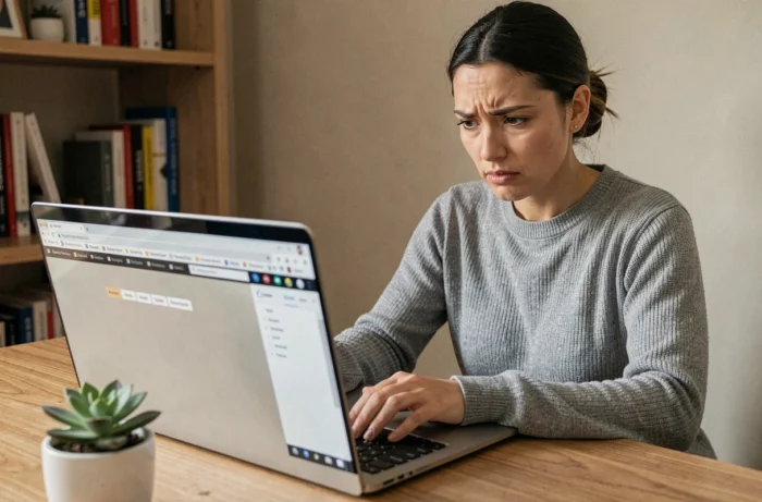 Femme cherchant des alternatives à un site indisponible sur son ordinateur portable dans un bureau à domicile