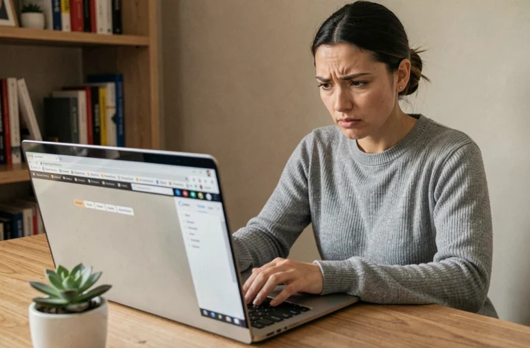 Femme cherchant des alternatives à un site indisponible sur son ordinateur portable dans un bureau à domicile