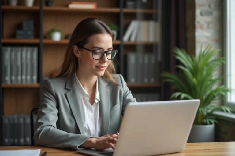 Femme professionnelle consultant des offres d'emploi en ligne sur son ordinateur portable dans un bureau à domicile moderne