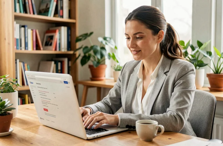 Femme consultant des offres d'emploi en ligne sur un ordinateur portable dans un bureau à domicile