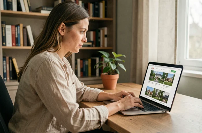 Femme cherchant un bien immobilier en ligne sur son ordinateur portable dans un bureau à domicile