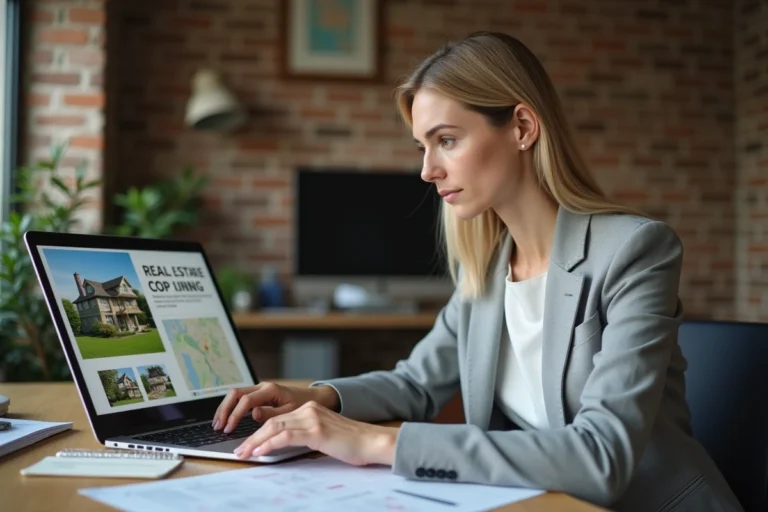 Femme consultant des outils en ligne pour sécuriser un achat immobilier depuis son bureau à domicile