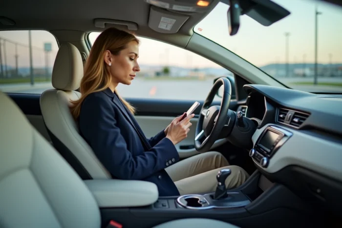 Femme consultant son smartphone dans sa voiture garée au parking de l'aéroport d'Orly pour comparer les tarifs de stationnement