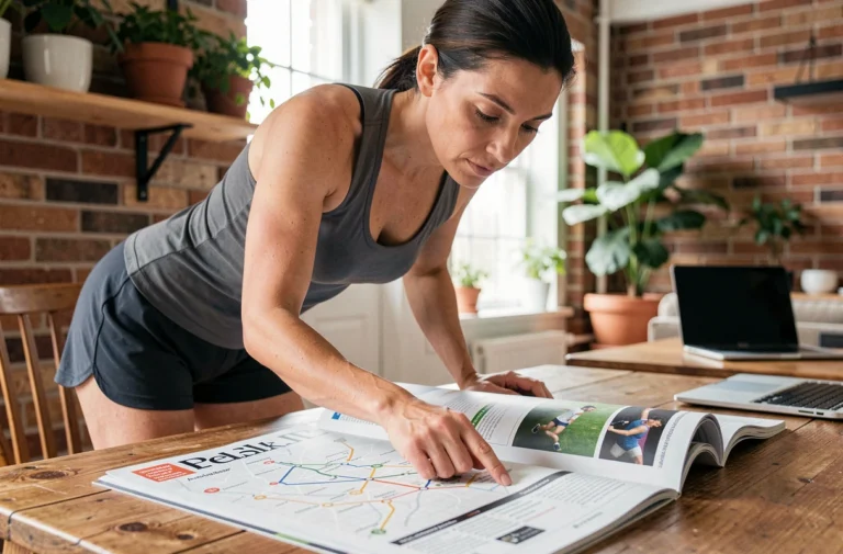 Femme sportive explorant un plan de site ou guide sportif sur une table en bois dans un salon moderne