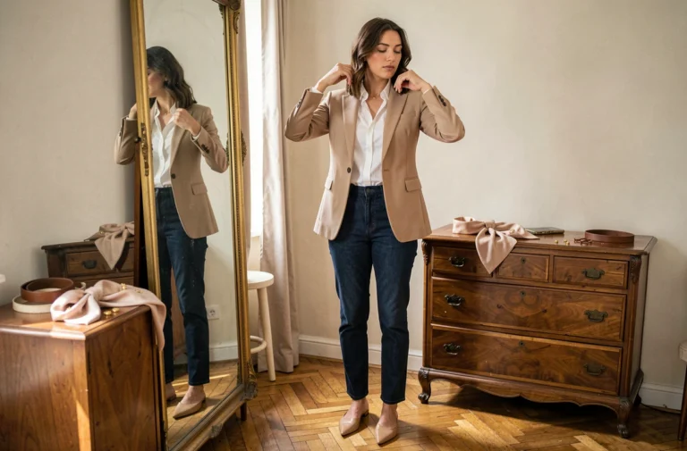 Femme stylée en blazer beige et jean indigo arrangeant sa tenue devant un miroir dans un appartement parisien, conseils de style vestimentaire quotidien