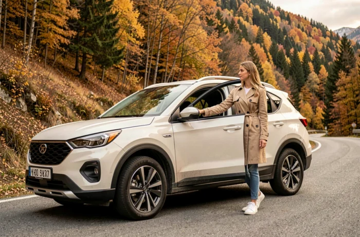 Frau entdeckt einen modernen kompakten SUV auf einer Bergstraße, umgeben von herbstlichem Laub