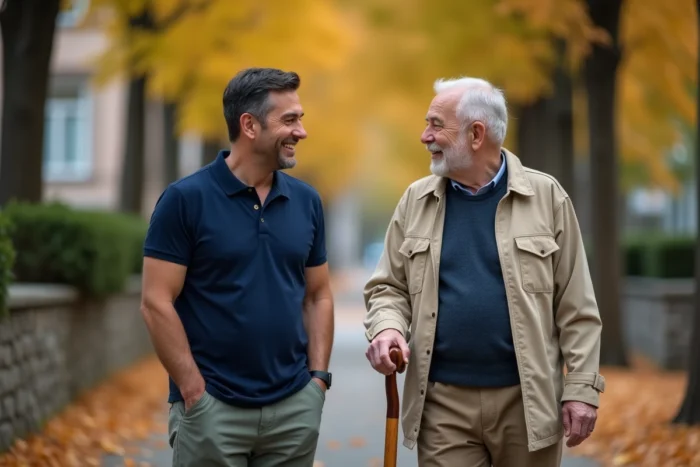 Un fils accompagne son père âgé lors d'une promenade en extérieur dans un quartier résidentiel en automne, symbolisant le soutien familial au quotidien