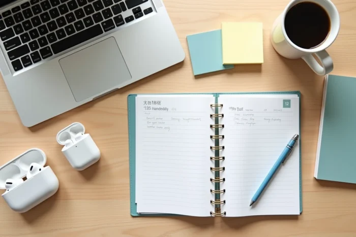 Vue de dessus d'un bureau organisé avec un ordinateur portable, un agenda papier et des accessoires bureautiques modernes sur fond en bois clair