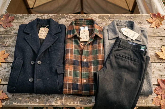 Top view of quality second-hand clothes arranged on a wooden table with handwritten price tags at a flea market