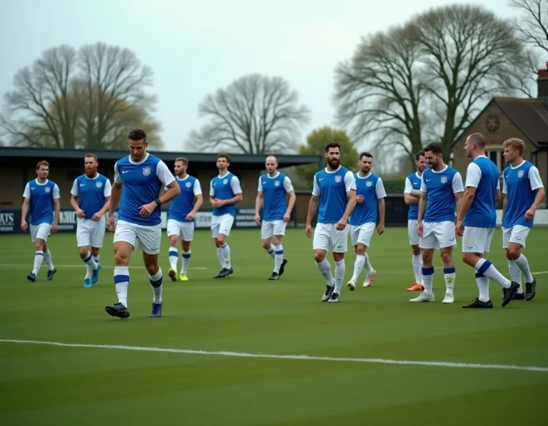 Groupe de footballeurs amateurs réunis sur un terrain de sport en Essex avant un match de club local