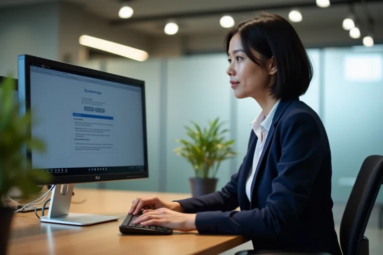 Femme cadre suivant une formation en ligne sur un LMS en entreprise depuis son bureau ergonomique