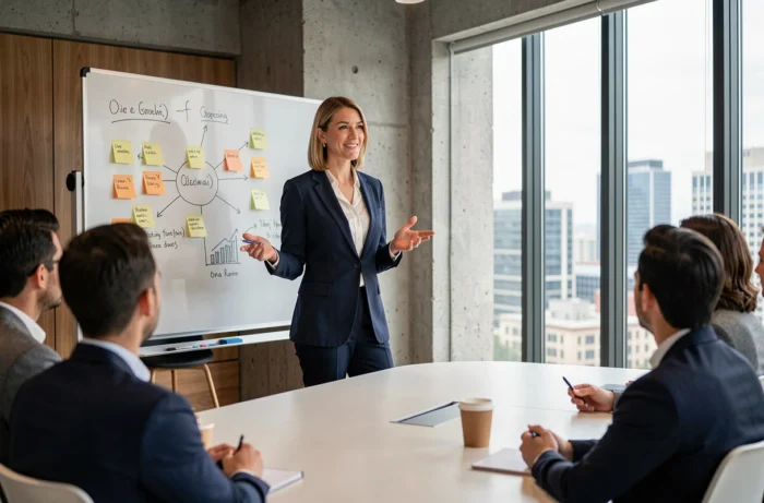 Formatrice en business présentant une stratégie d'entreprise innovante à une équipe dans un espace de bureau moderne