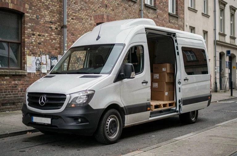 Fourgon H3 à toit surélevé avec porte coulissante ouverte révélant un espace de chargement spacieux en milieu urbain